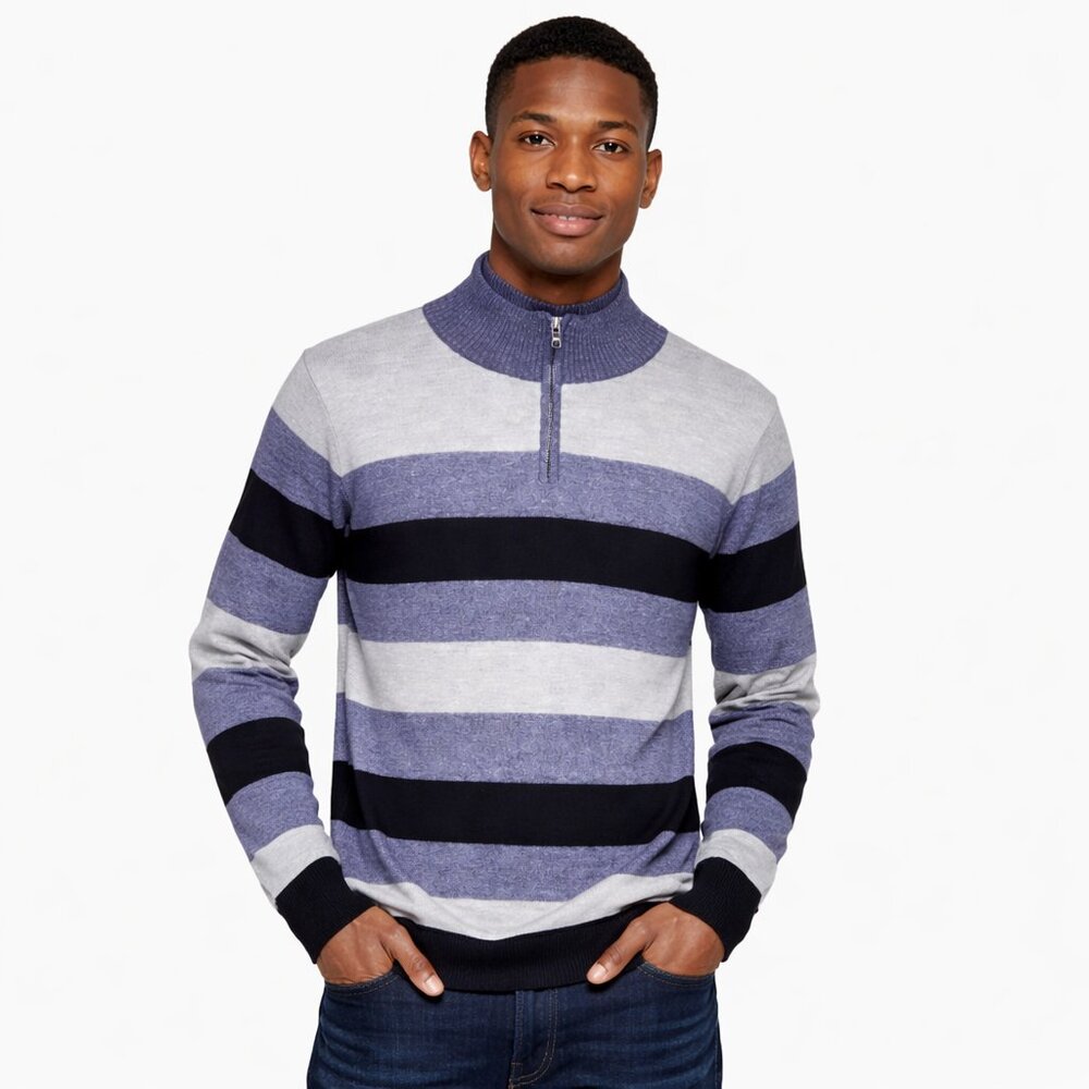 Men’s Striped Quarter-Zip Sweater | Mock Neck Pullover | Gray Navy Black